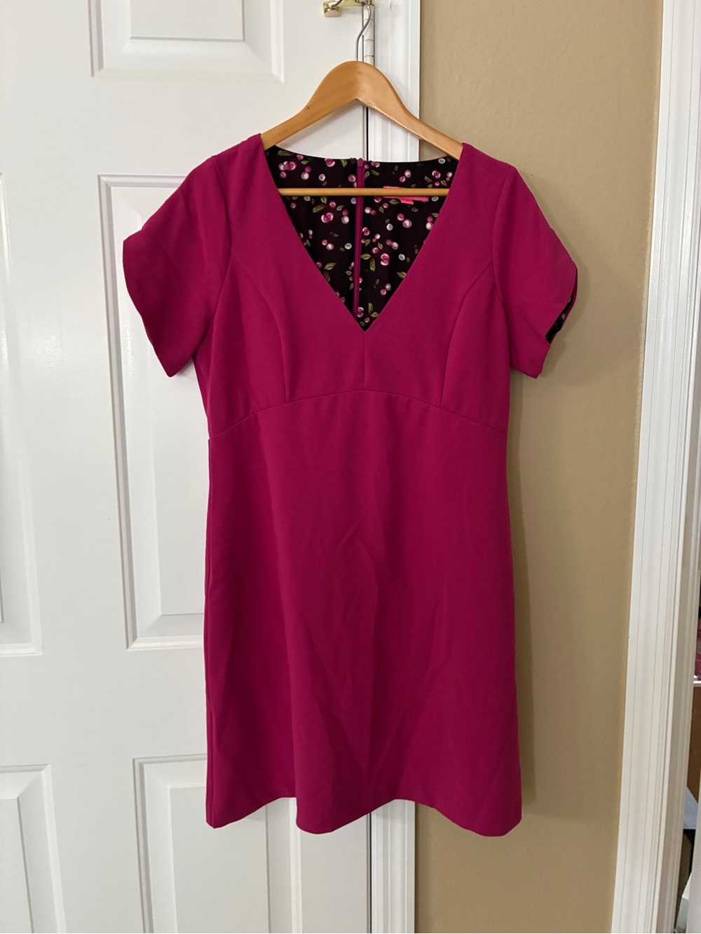 Betsey Johnson Hot Pink V-Neck Dress with Cherry Lining, Sz 12